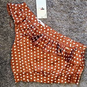 Temt Au polka dots satin/silk crop top dark orange one shoulder size 8